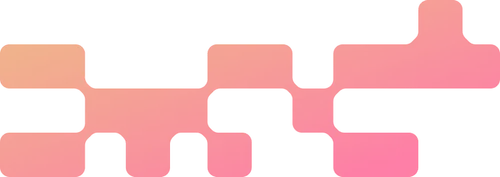 Abstract pixelated design featuring connected rectangular blocks with a gradient from orange to red.