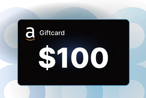 Black $100 Amazon gift card with white text on a blue abstract circular background.