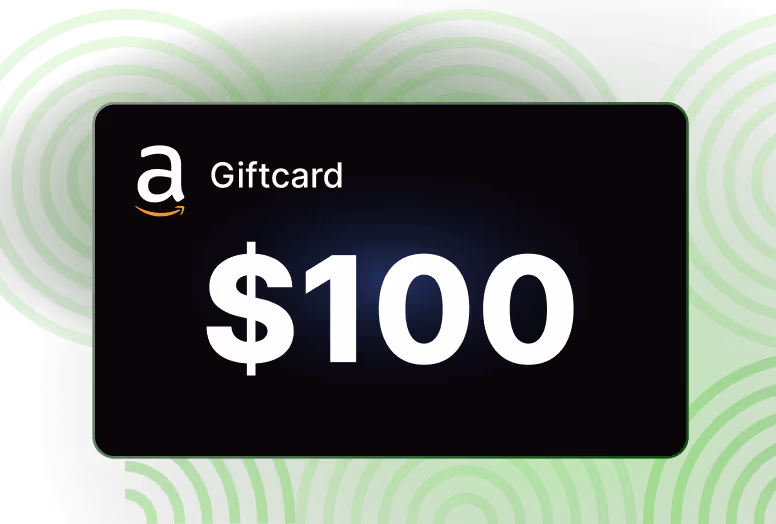Black Amazon gift card with $100 value on a green circular pattern background.