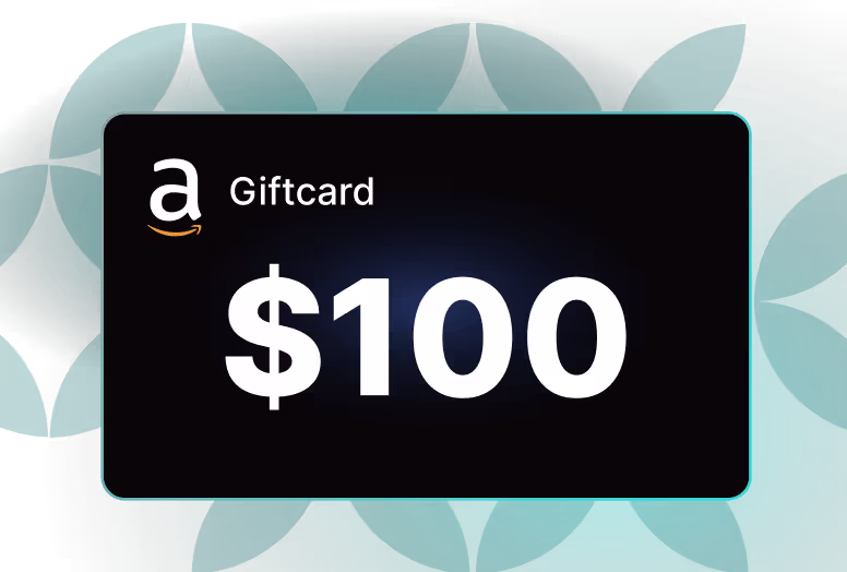 Black card with Amazon logo showing a $100 gift card value on a blue abstract background.