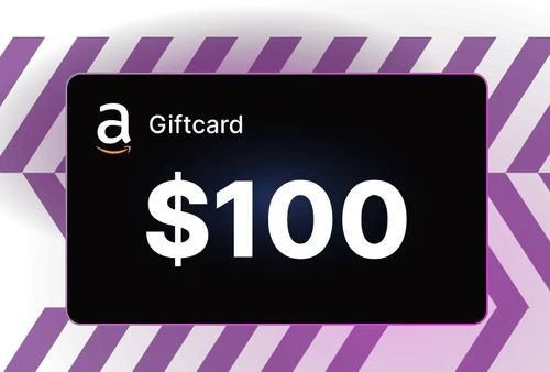 Black gift card with Amazon logo and text, showing $100 value on a purple geometric background.