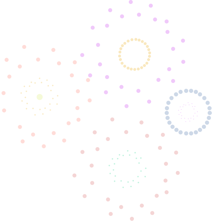 Colorful circular patterns of dots in orange, yellow, purple, blue, and green on a black background.