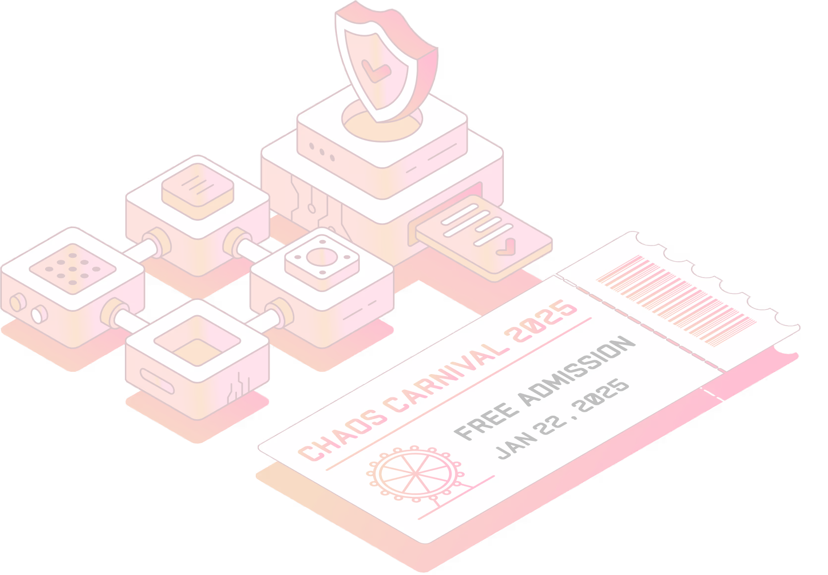 Illustration of interconnected pink and orange blocks with a shield icon and a carnival ticket labeled Chaos Carnival 2025, free admission on Jan 22, 2025 with a Ferris wheel graphic.