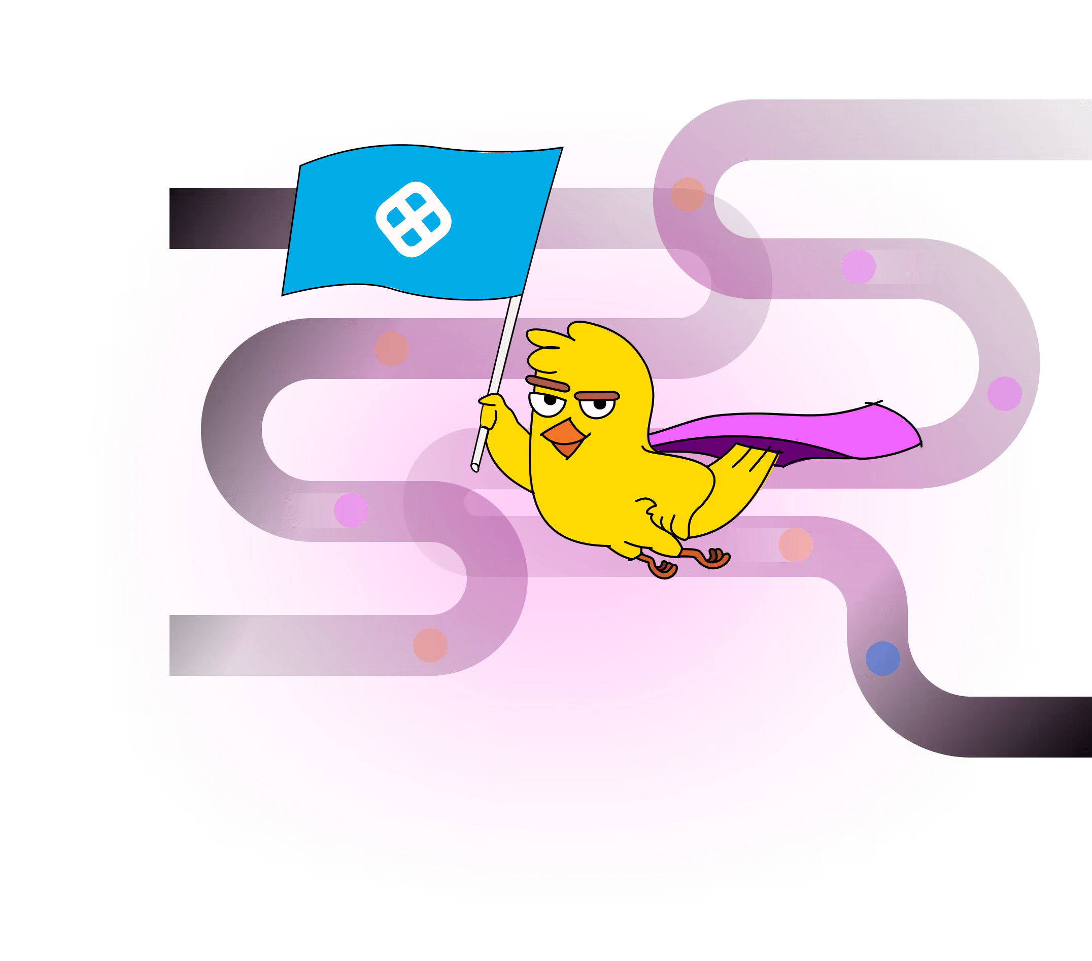Cartoon yellow bird wearing a purple cape flying and holding a blue flag with a white symbol against a pink background with curving dark paths and colored dots.