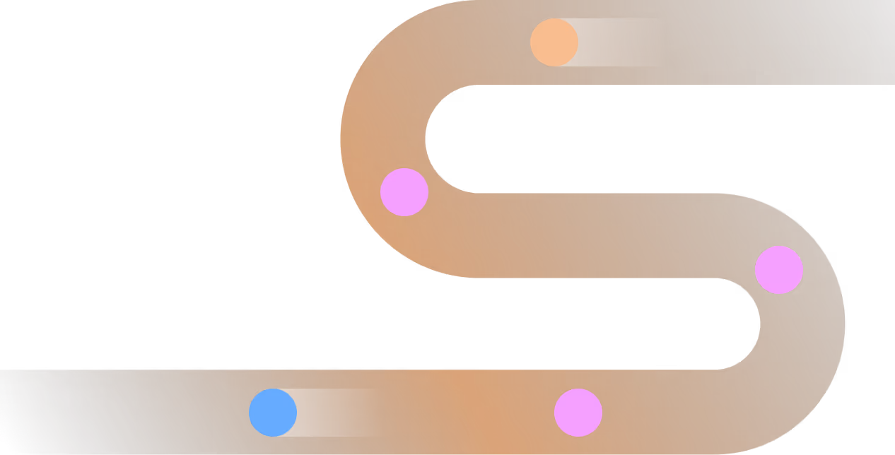 Curved, brown racetrack with one blue, two orange, and three pink circles positioned along it.