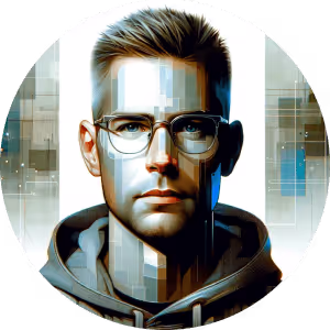 Portrait of a young man with glasses and short hair, depicted with a digital, futuristic overlay effect.