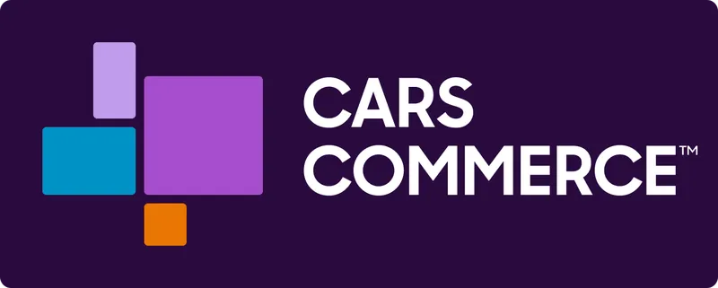 Logo with colored squares and the text 'CARS COMMERCE' on a dark purple background.