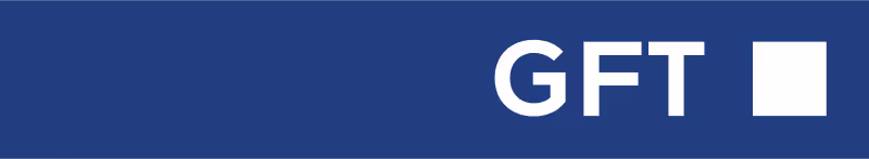 White GFT text and a square on a dark blue background.