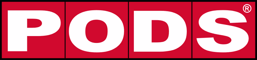PODS logo with bold white letters on red square blocks.