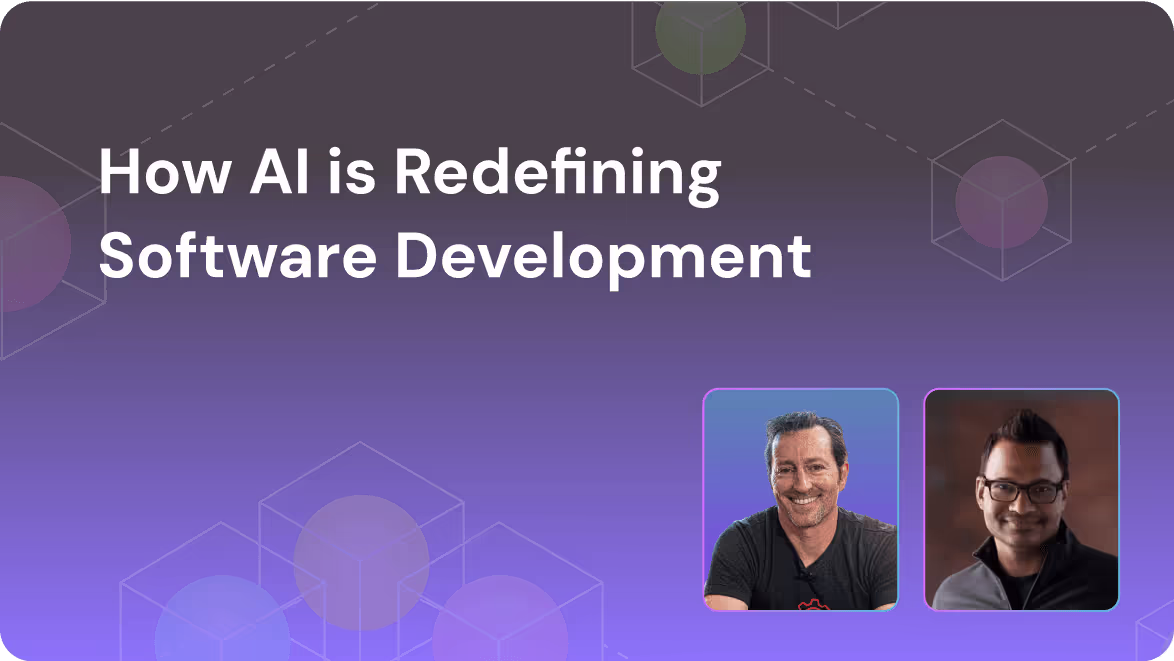 Title text 'How AI is Redefining Software Development' on a dark purple gradient background with two headshots of smiling men, one with a blue border and one with a purple border.
