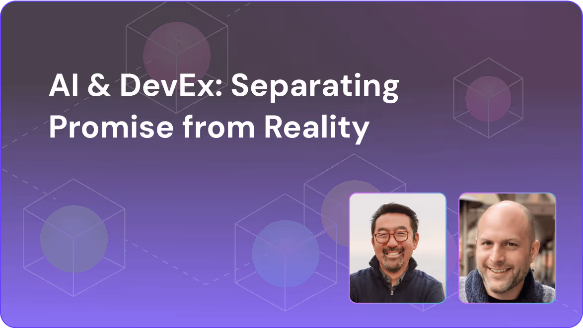 Title text 'AI & DevEx: Separating Promise from Reality' on a purple gradient background with abstract cubes and portraits of two smiling men.