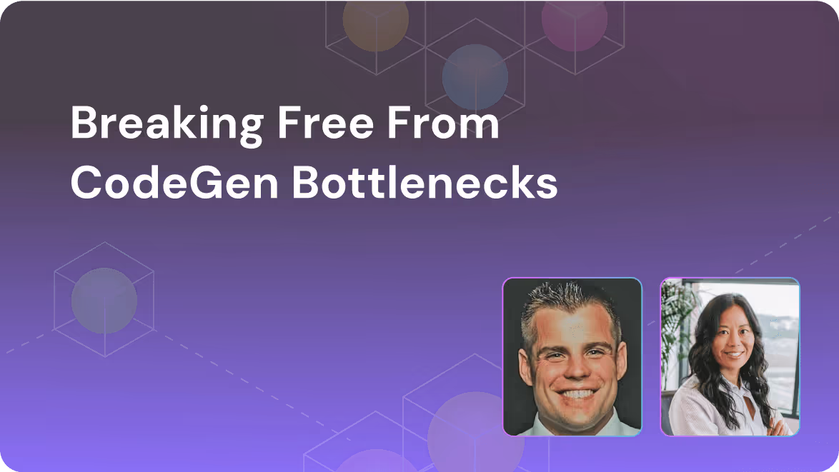 Title text 'Breaking Free From CodeGen Bottlenecks' with portraits of a smiling man and woman on a blue-purple gradient background with geometric shapes.