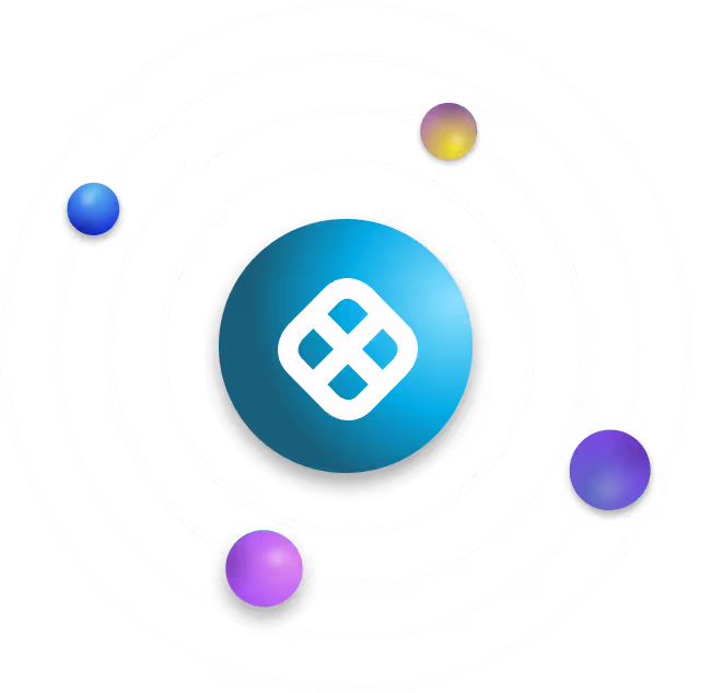 Blue central sphere with a white geometric logo surrounded by four smaller multicolored spheres orbiting on concentric circular paths.