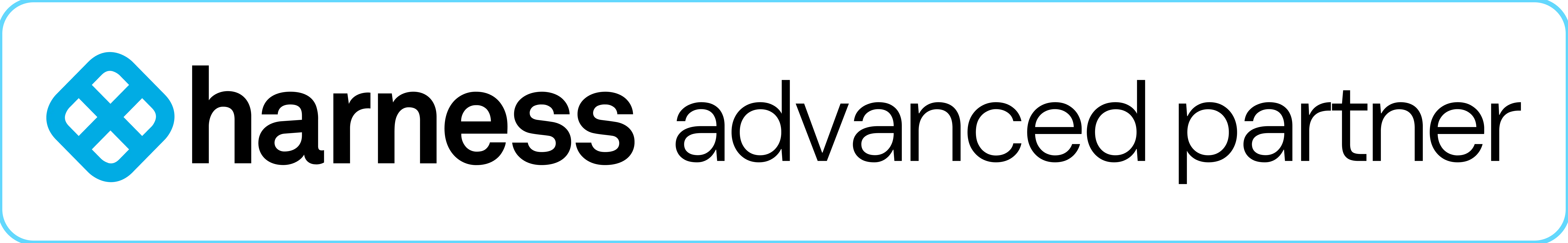 Harness logo with the text 'Advanced Partner' on a black background with a blue border and icon.