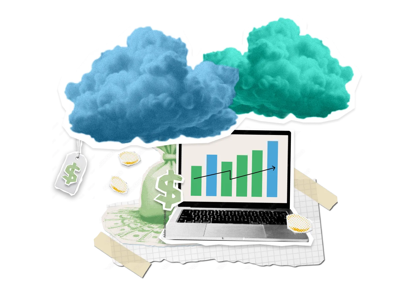 Illustration of a laptop showing a rising bar graph with blue and green bars, surrounded by dollar symbols and green and blue clouds, symbolizing financial growth and cloud computing.