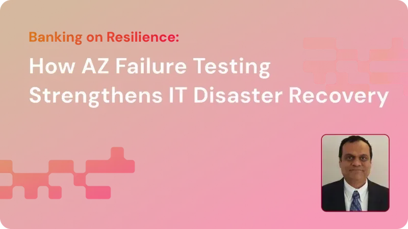 Presentation slide titled 'How AZ Failure Testing Strengthens IT Disaster Recovery' with a portrait of a man in a suit and tie on a red gradient background.