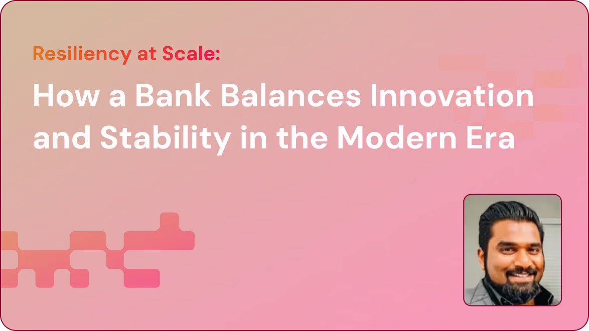 Presentation slide titled 'How a Bank Balances Innovation and Stability in the Modern Era' with a photo of a smiling man in the bottom right corner.
