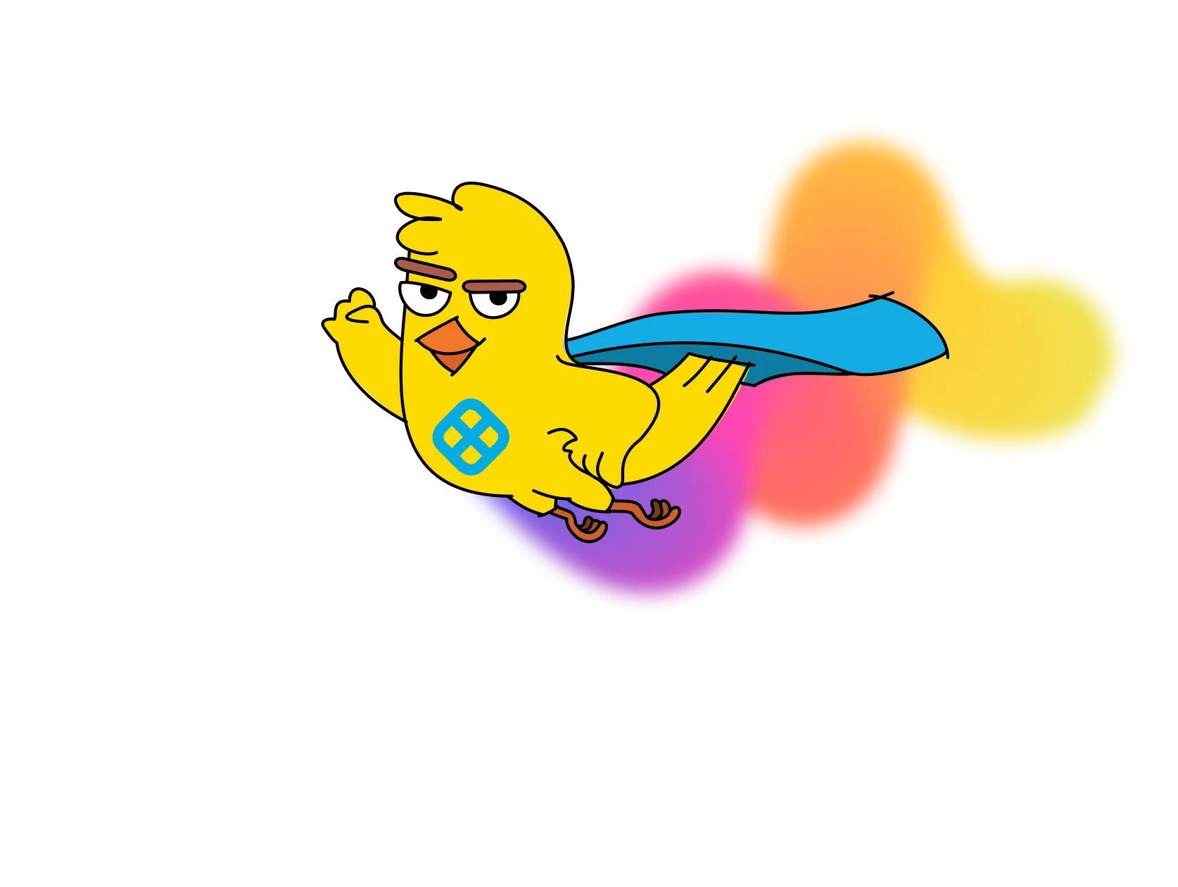 Illustration of a confident yellow bird with blue wings flying next to the text 'Get Ship Done' with colorful gradient shapes behind.