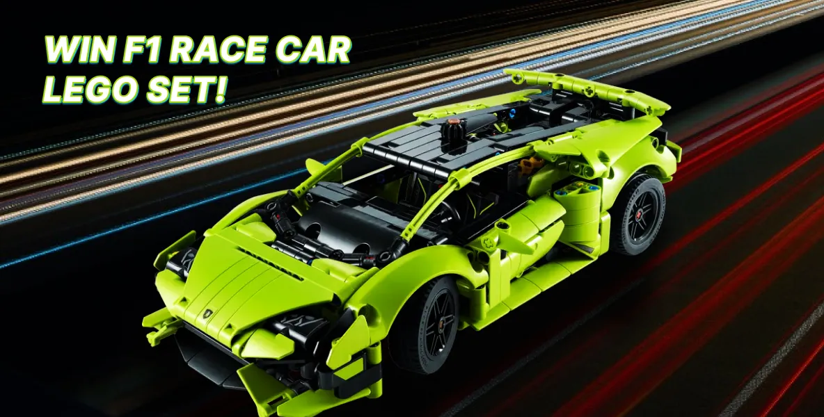 Bright green LEGO model of a Formula 1 race car on a dark background with light streaks and text saying 'WIN F1 RACE CAR LEGO SET!'