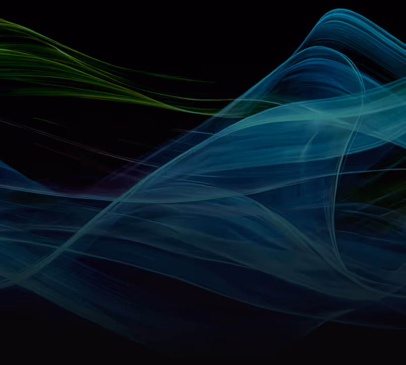 Abstract dark background with flowing translucent waves in blue and green hues.