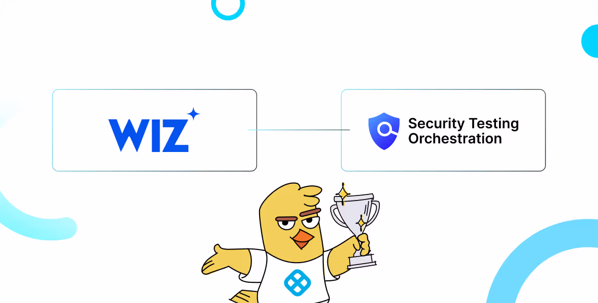 WIZ logo connected to a shield icon labeled Security Testing Orchestration with a yellow bird mascot holding a trophy below.