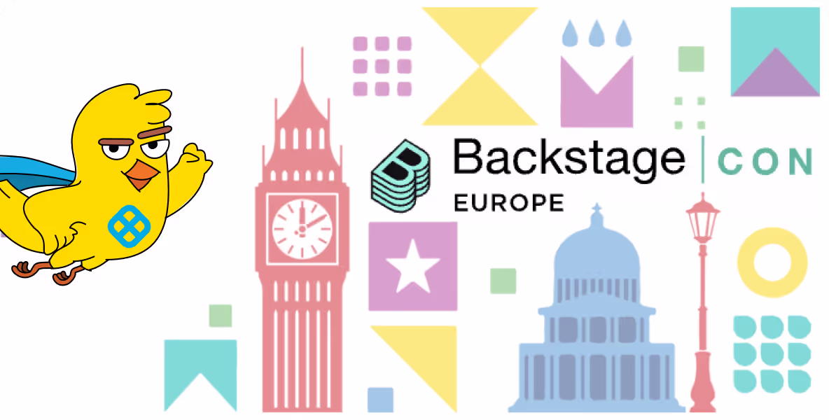 Illustration with a yellow bird mascot on the left and stylized landmarks including Big Ben and a domed building with text 'Backstage Europe Con' surrounded by colorful geometric shapes.