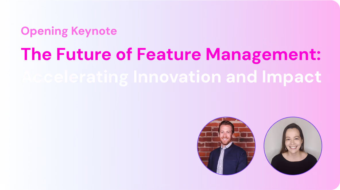 Gradient background with text 'Opening Keynote The Future of Feature Management Accelerating Innovation and Impact' and two headshots of a man and a woman smiling.