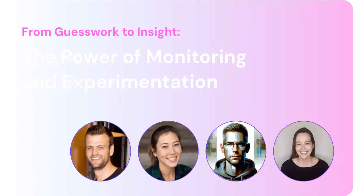 Banner with text 'From Guesswork to Insight: The Power of Monitoring and Experimentation' above four circular portraits of smiling people on a blue to pink gradient background.