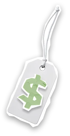 White price tag with a green dollar sign and a white string loop.