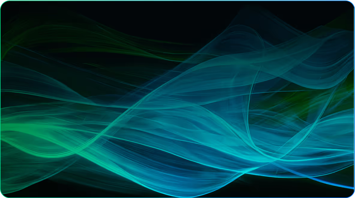 Abstract flowing blue and green wave patterns on a dark background.