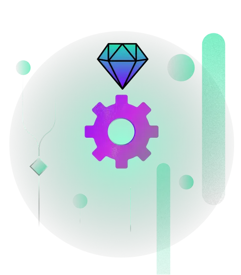 Purple gear icon below a blue and green diamond icon on a dark green circular background with abstract green vertical shapes and dots.