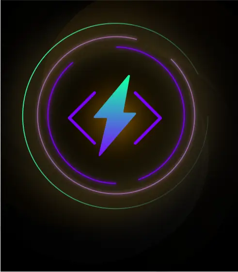 Glowing neon lightning bolt icon surrounded by purple and green circular lines on a black background.