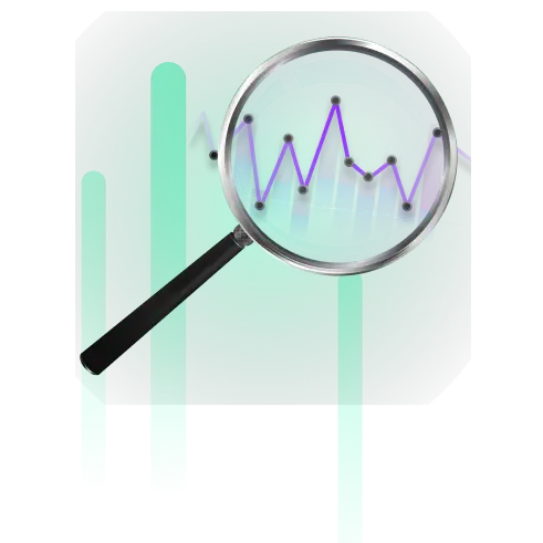 Magnifying glass over a green bar chart highlighting a fluctuating purple line graph.