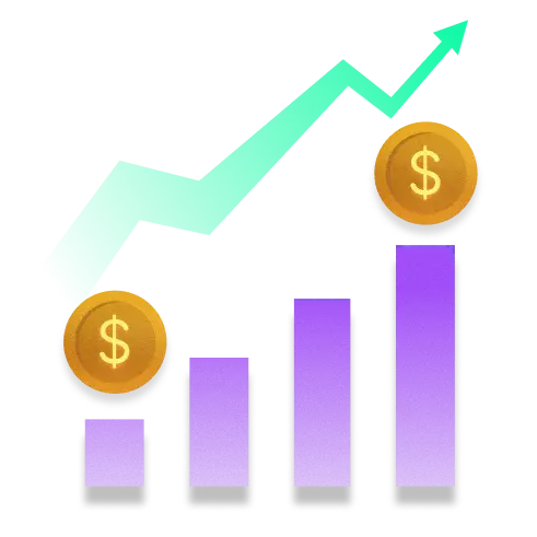 Bar chart with four ascending purple bars and a green upward-trending arrow with gold dollar coins on the first and last bars.