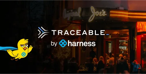 Evening street view outside Original Joe's restaurant with Traceable by Harness logo and a superhero yellow bird with a blue cape on the left.