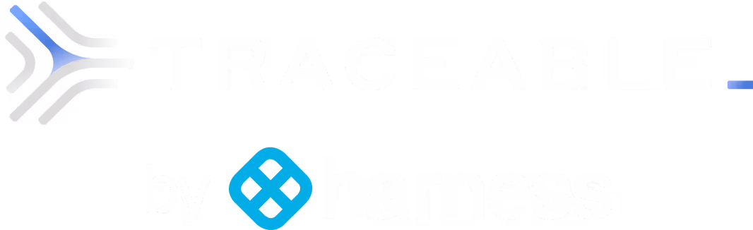 Logo with stylized lines followed by the text 'TRACEABLE' and below it 'by harness' with a blue diamond-shaped icon before 'harness'.