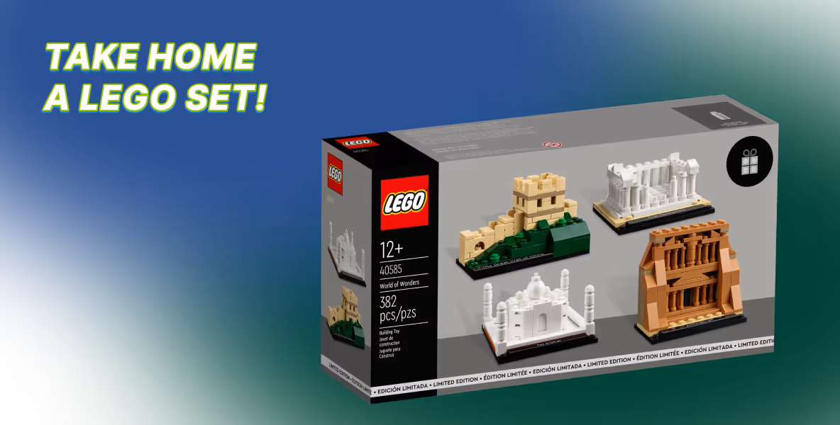 LEGO World of Wonders limited edition set box showing miniature architectural models and text 'Take home a LEGO set!' on a blue-green gradient background.