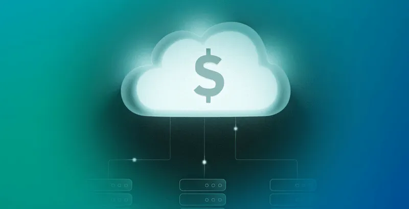 Glowing cloud icon with dollar sign connected to multiple data servers, symbolizing cloud finance or finops.