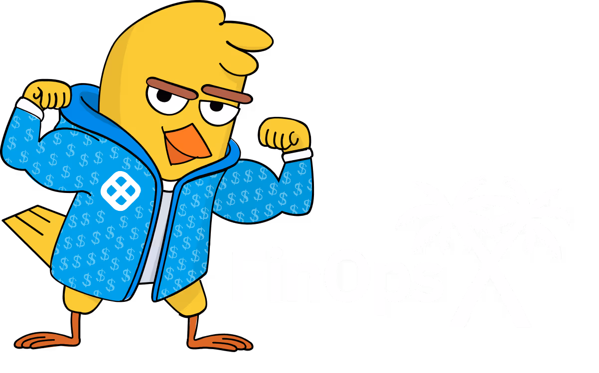 Cartoon yellow bird flexing muscles wearing a blue dollar sign patterned jacket next to the text FinOps and two crossed palm trees.