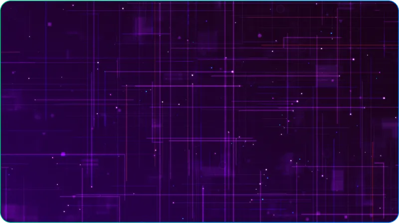 Abstract digital background with intersecting neon purple and blue lines on a dark purple grid pattern.