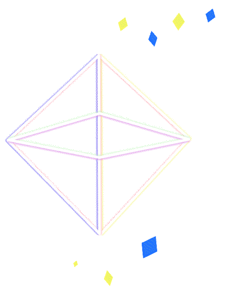 Glowing wireframe diamond shape with small floating blue and yellow diamond shapes around it on a black background.
