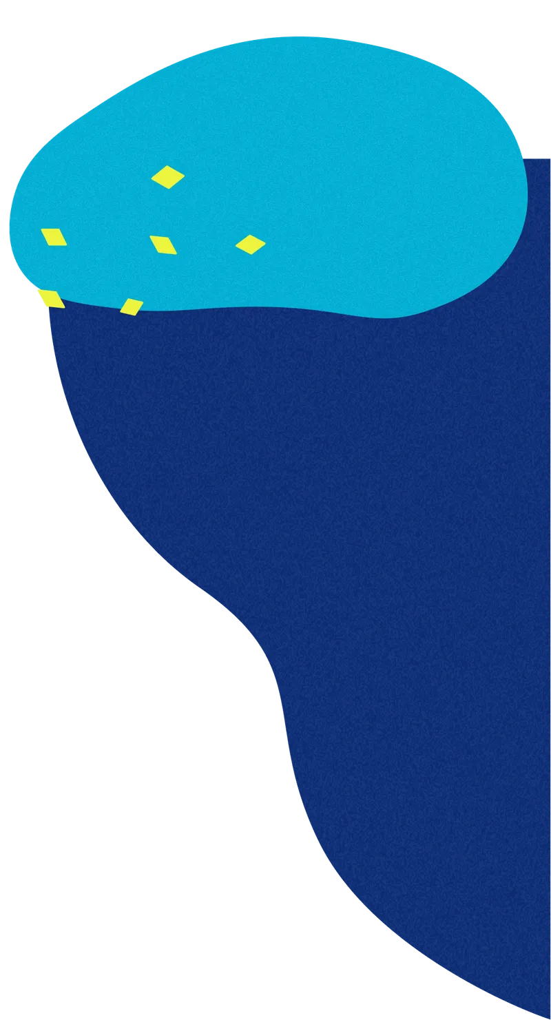 Abstract blue blob shape with a lighter blue rounded top section and small scattered yellow squares.