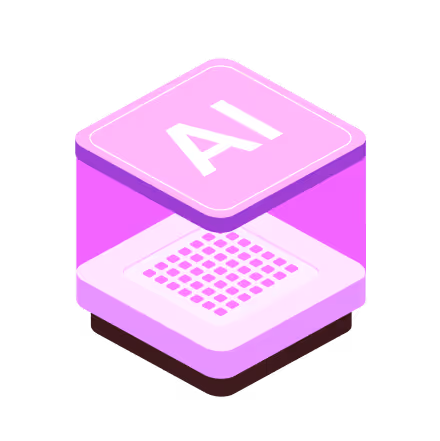 Isometric pink and purple 3D cube with 'AI' text on the top surface, representing artificial intelligence.
