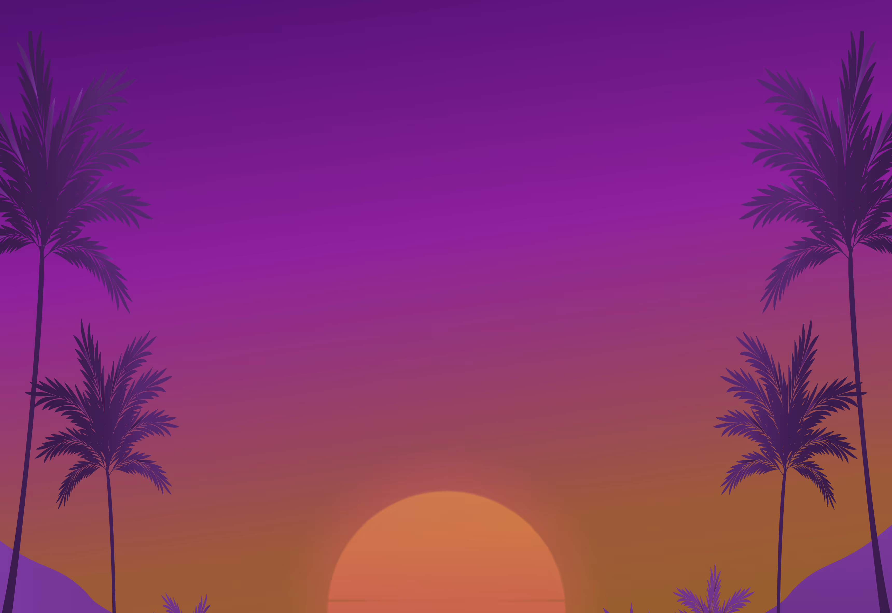 Illustration of a sunset or sunrise with an orange sun, purple sky, silhouetted palm trees, and hills.