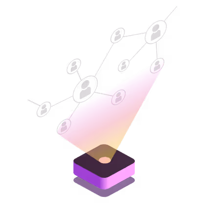 Isometric illustration of a purple and pink device projecting network connections between user icons.