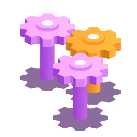 Three interconnected gears in purple and orange on a black background.