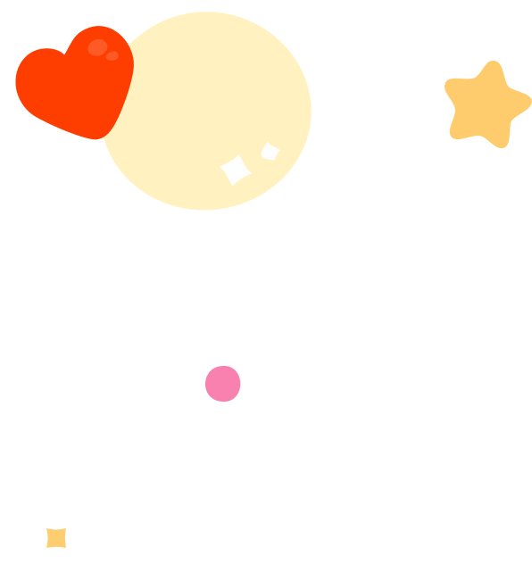 Simple colorful shapes including an orange heart, a large pale yellow circle with sparkles, a small pink circle, and two yellow stars on a white background.