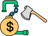 Green water pipe leaking a gold coin with a dollar sign, cut by a gray axe with a wooden handle.