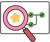 Magnifying glass with a yellow star inside and three connected green check marks on a white background.