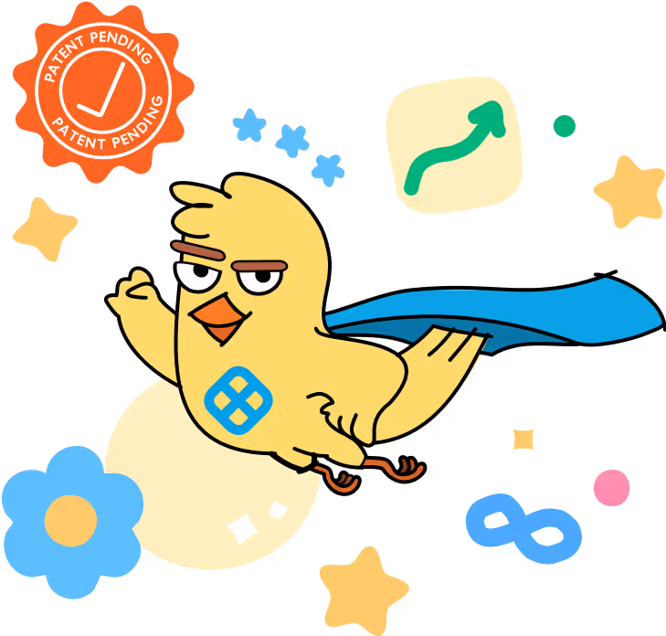 Cartoon yellow bird wearing a blue superhero cape flying surrounded by stars, flowers, and an upward arrow icon.